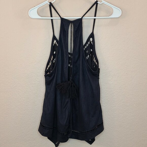 NU New York Womens Shirt Top Small Blue Eyelet Halter Open Back Tasseled Casual - Picture 2 of 12